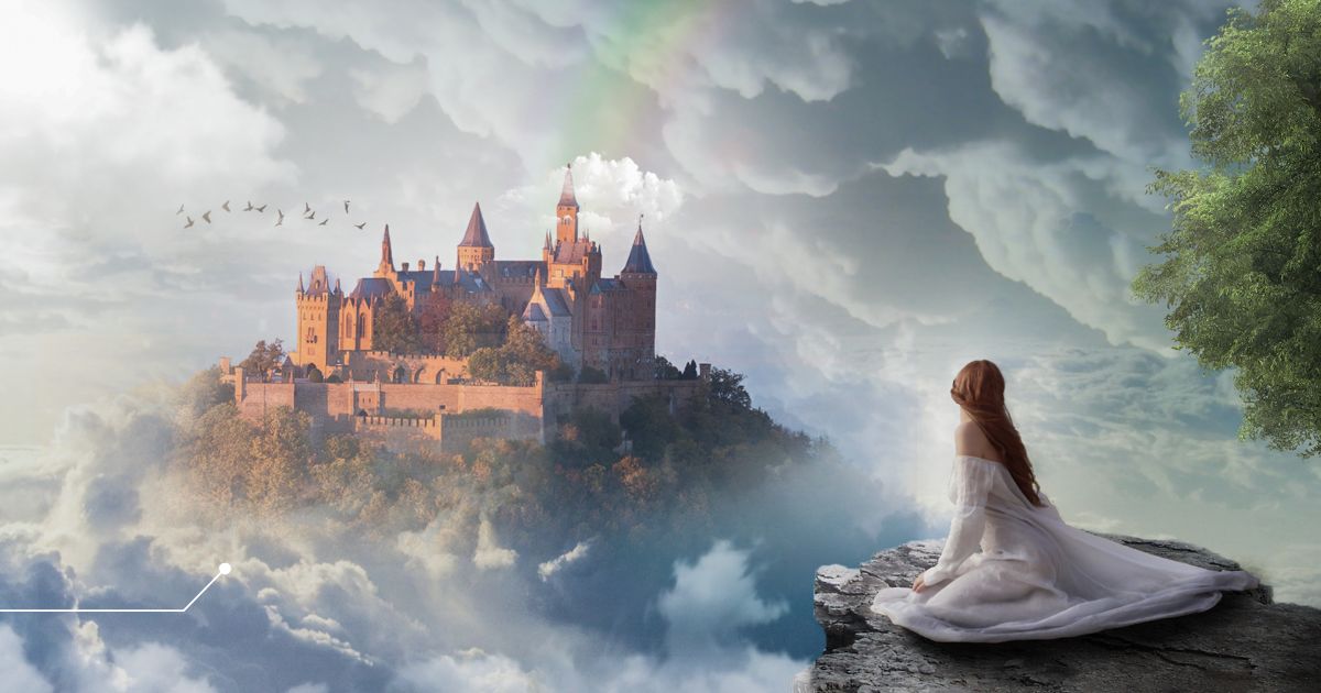 ゲーム世界の様な綺麗なお城と女性の画像